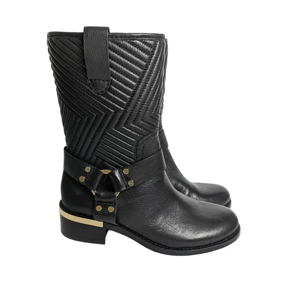 Vince Camuto 6 black leather Waldan boots motorcycle boots gold strap buckle - Picture 3 of 6